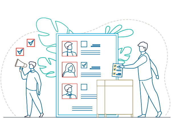 graphic of 2 people voting and filling out ballots