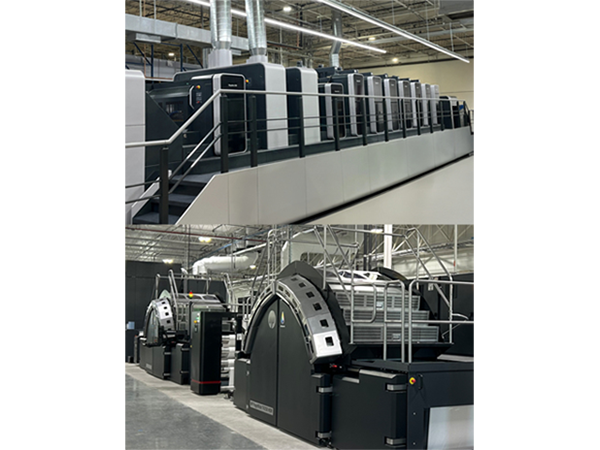 A composite image showcasing modern industrial printing equipment inside a facility, featuring a long multi-unit press on an elevated walkway platform above, and a heavy-duty packaging or printing machine below.