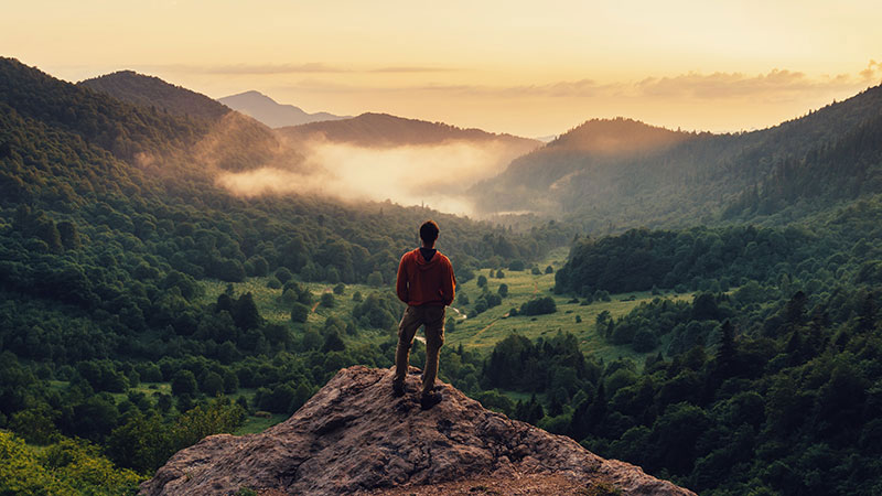 Man standing on a large rock overlooking a green valley surrounded by mountains