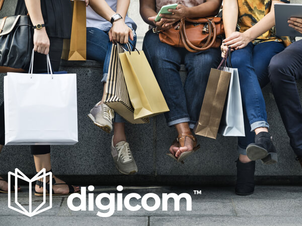 Digicom logo on top of an image of people sitting on a ledge with shopping bags