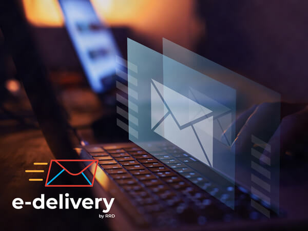 e-delivery logo overlaying a graphic of a digital envelope hovering above a laptop keyboard