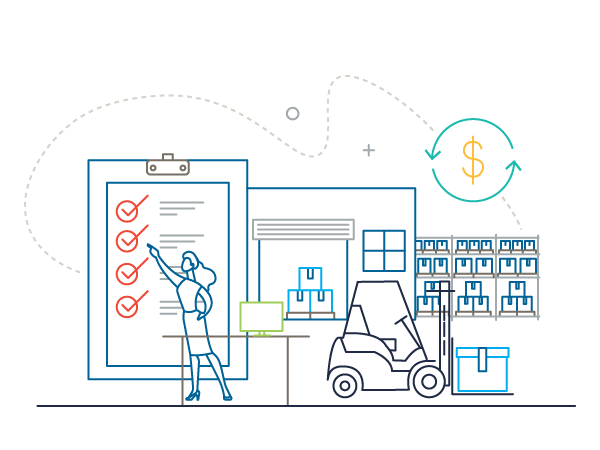 Illustration of a woman inside a warehouse pointing to a checklist on a clipboard and she is next to a forklift