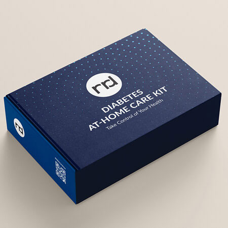 a closed navy box with the words diabetes at-home care kit written on it