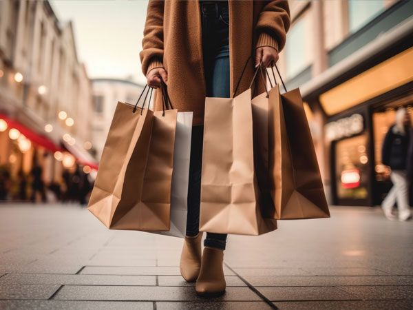 woman standing in an outdoor mall holding shopping bags