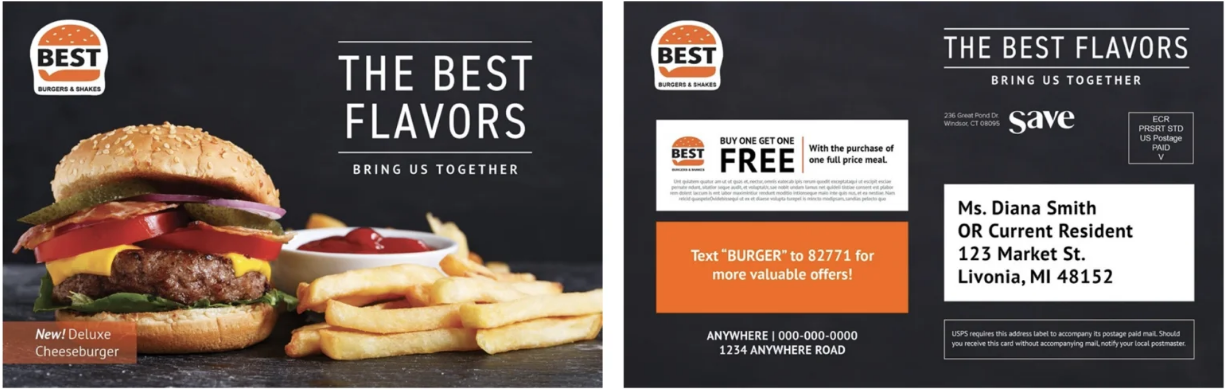 Best Burgers and Shakes dyanimic postcard sample.