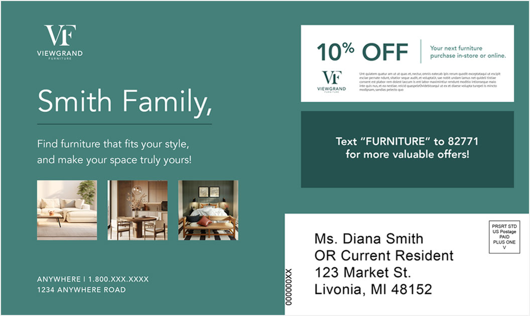 Back-side of the Viewgrand Furniture Posctcard