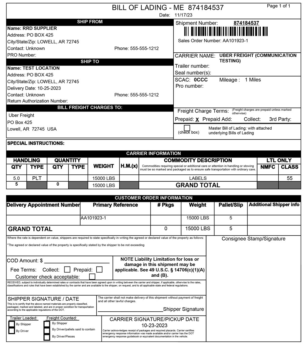 RRD Uber Freight SAMPLE BOL
