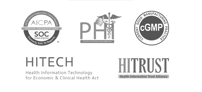 Collage of certification logos: AICRA Logo, PHI Logo, cGMP Logo, HITECH Logo, HITRUST Logo