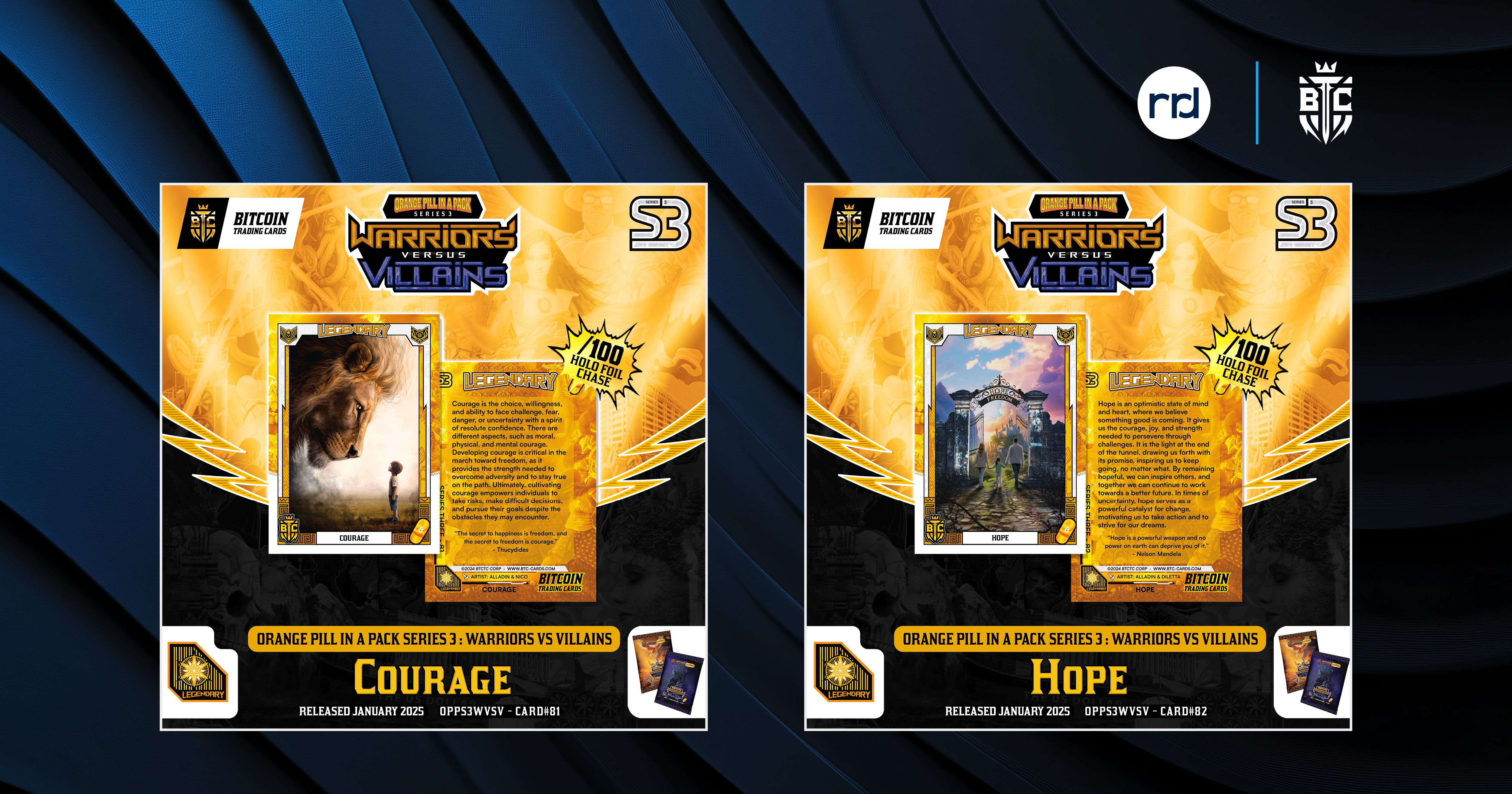 Bitcoin Trading Cards on blue gradient background