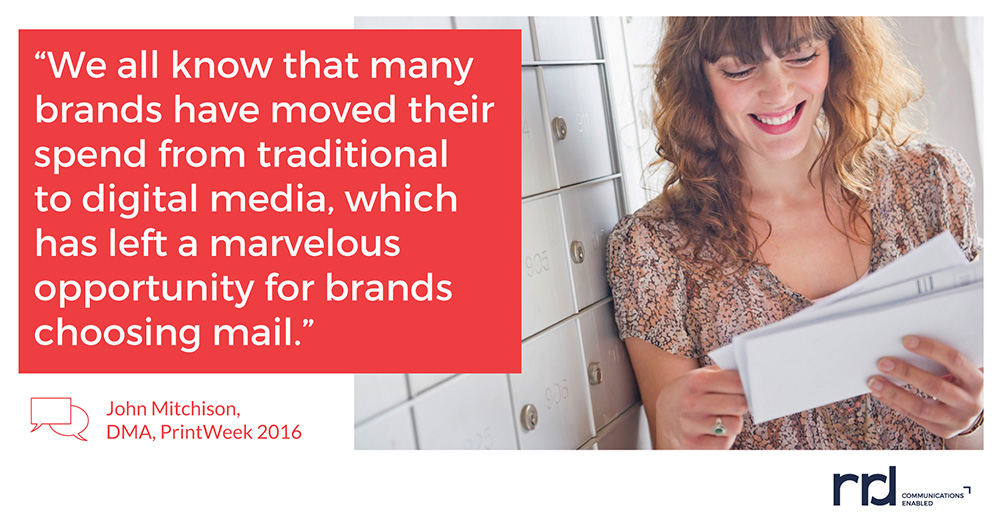 image containing a quote from John Mitchison with DMA from PrintWeek 2016 that says many brands have moved their spend from traditional to digital media