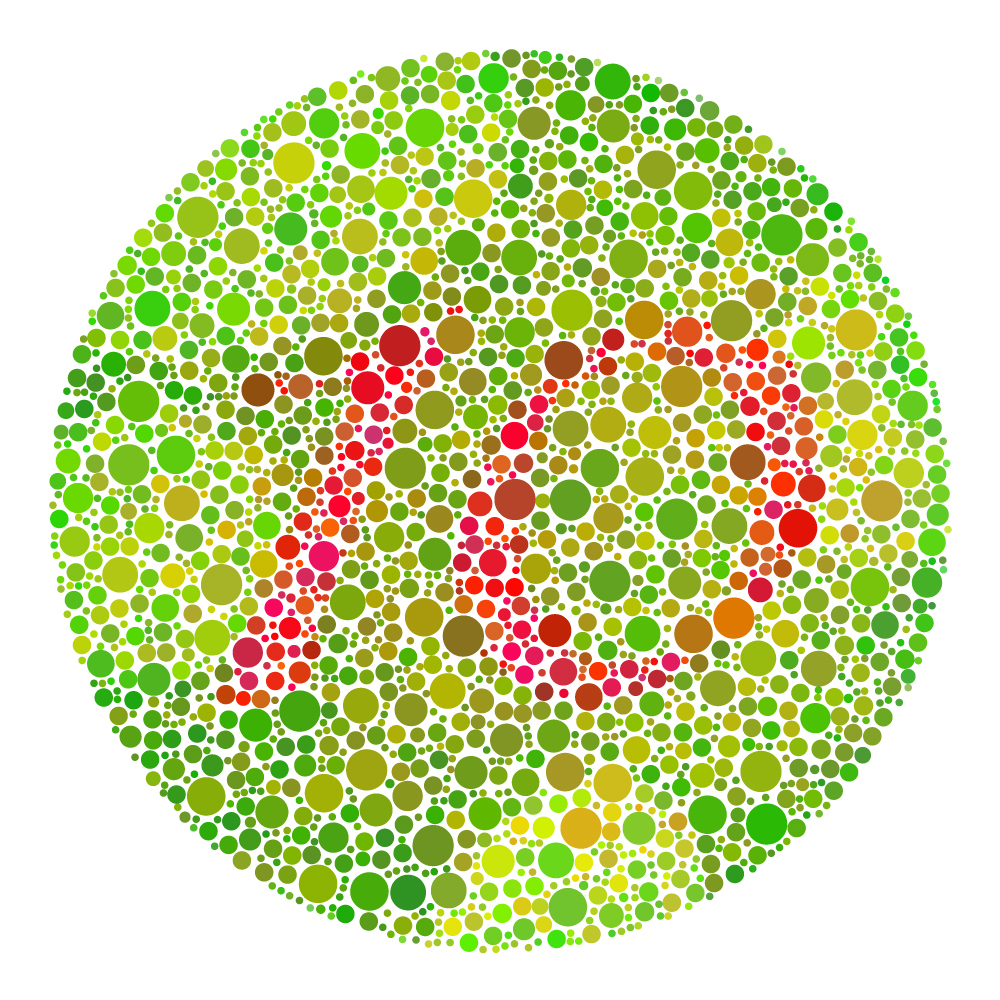 a large circle filled with varying sizes of smaller circles within it, some green and some red used test those with color blindness