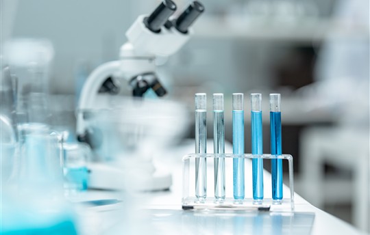 Chemical laboratory glassware with blue liquid samples in test tubes, scientific research experiment