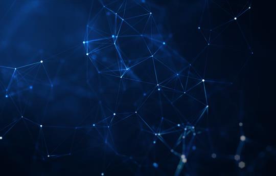 Abstract blue digital network with glowing connection points, representing data flow, global comms