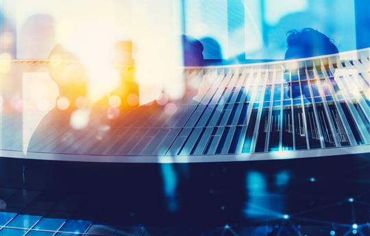 Silhouette of business people work together in office. Concept of teamwork and partnership