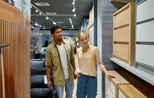 young couple shopping for furniture in furniture store