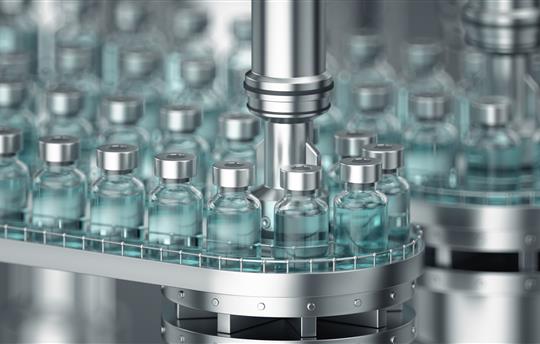 Pharmaceutical manufacture background with glass bottles with clear liquid on automatic conveyor
