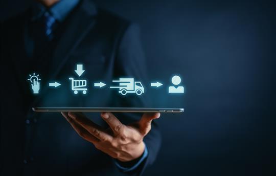 Businessman using media and digital marketing for startup logistics chain delivery to customer