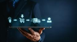 Businessman using media and digital marketing for startup logistics chain delivery to customer 
