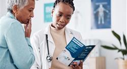 Brochure, consulting or doctor talking to patient for life insurance or healthcare services