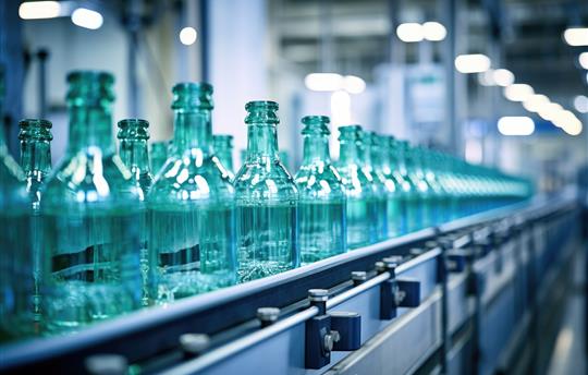 Glass bottles on production conveyor belt