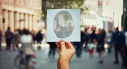 hand holding a printed picture of an enlarged fingerprint