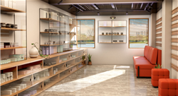 interior of cbd dispensary showing boxed products on shelves