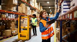 one female warehouse worker in bright yellow vest operating forklift as another female warehouse worker in a bright orange vest scans a label in a box