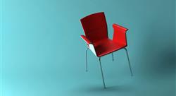 3D rendering of red armchair balancing on one leg with a turquoise backdrop