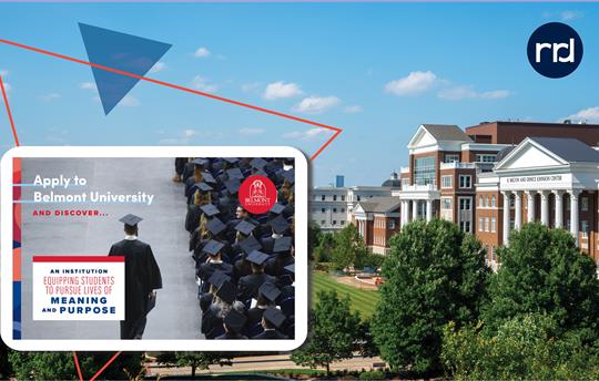 Belmont university campus with triangle and photo of recruitment marketing collateral