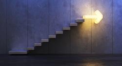 Steps along a wall, the top step is illuminated and shaped like an arrow pointing forward