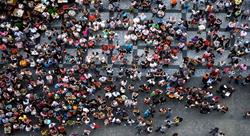 Aerial photograph of people gathered in a square