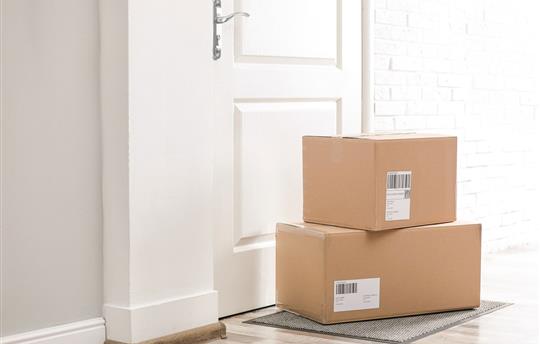Parcels with shipping labels on rug near door