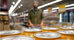 Close-up of many orange cans with soda or beer and a male buyer with a shopping cart looking at them