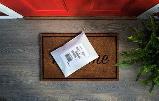 White padded envelope on a welcome mat on the porch of a house with a red door