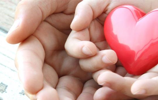 larger hands holding smaller hands that are holding a toy red heart