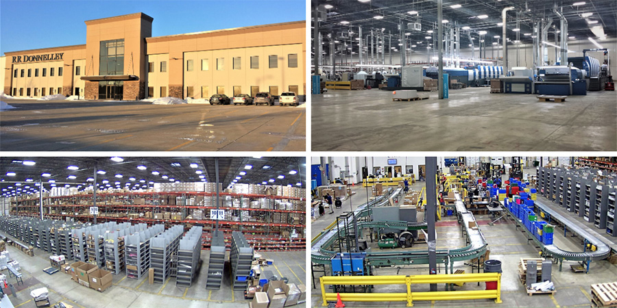 a collection of four images showcasing different angles of the warehouse machinery, conveyor belts, materials stacked on pallets and an image of the outside, main entrance to the facility