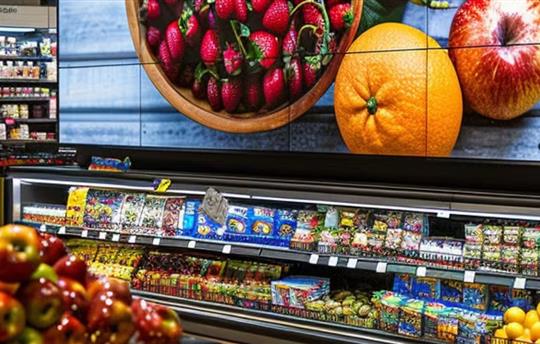 fruit on a large in-store screen