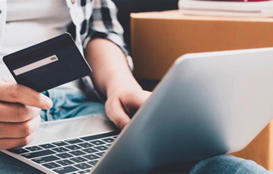 a laptop user holding a credit card