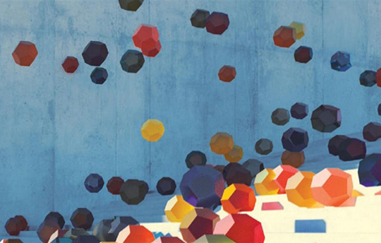 colorful geometric shaped balloons bouncing down concrete steps